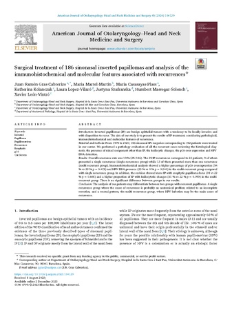 Surgical treatment of 186 sinonasal inverted papillomas and analysis of the  immunohistochemical and molecular features associated with recurrences